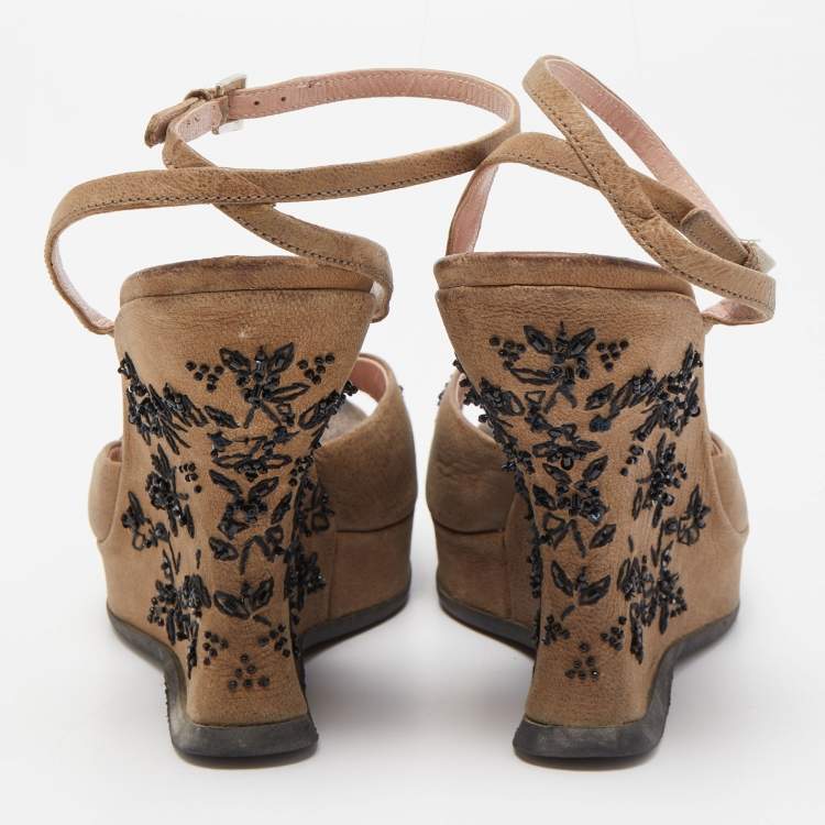 Pre Owned Prada Brown Nubuck Leather Embellished Wedge Ankle Strap Sandals Size 37.5
