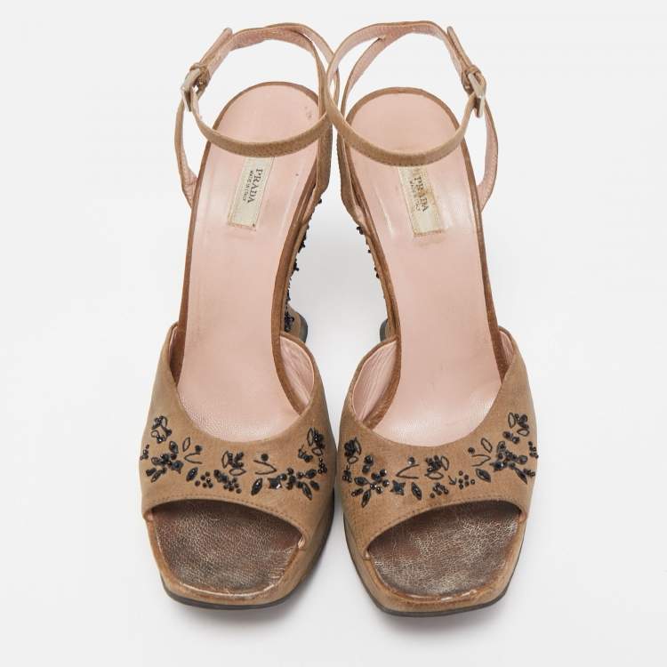Pre Owned Prada Brown Nubuck Leather Embellished Wedge Ankle Strap Sandals Size 37.5