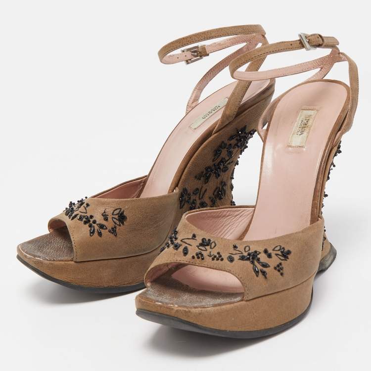 Pre Owned Prada Brown Nubuck Leather Embellished Wedge Ankle Strap Sandals Size 37.5