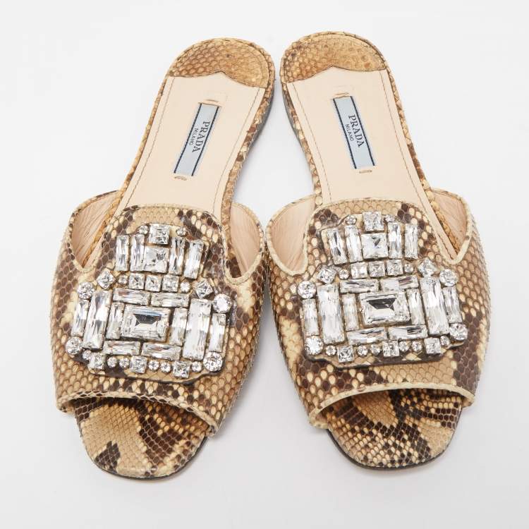Pre Owned Prada Brown/Beige Python Crystal Embellished Flat Slides Size 37