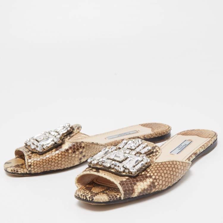 Pre Owned Prada Brown/Beige Python Crystal Embellished Flat Slides Size 37