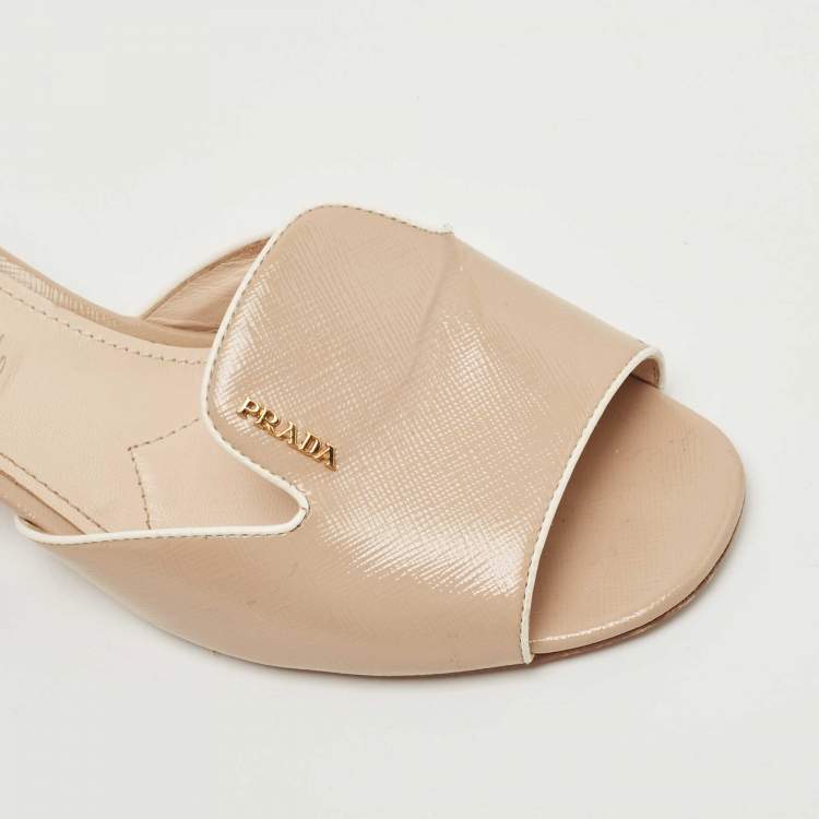 Pre Owned Prada Beige Saffiano Vernice Leather Slide Sandals Size 37.5