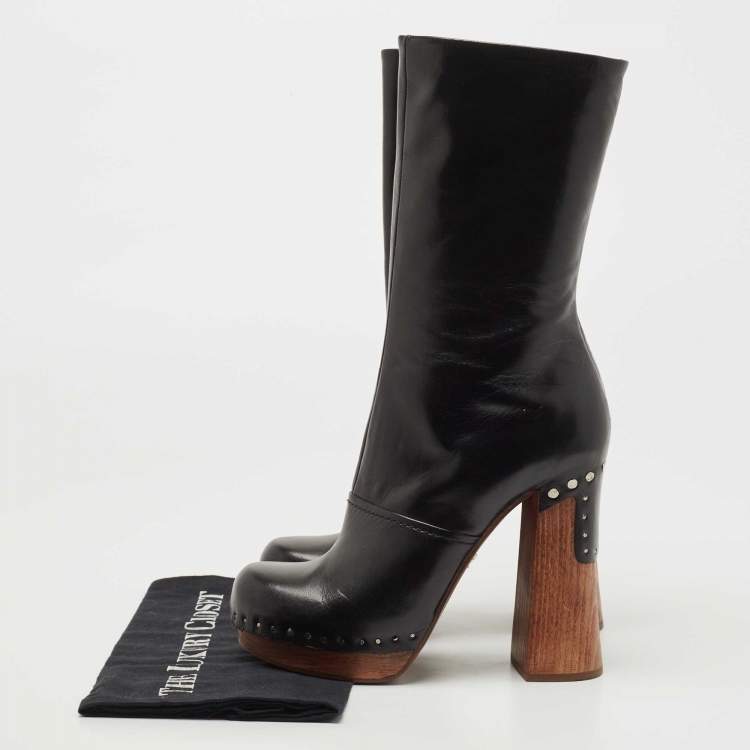 Pre Owned Prada Black Leather Calf Length Boots Size 38
