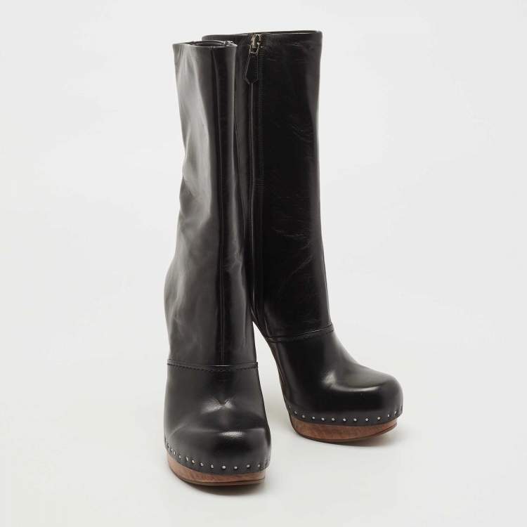 Pre Owned Prada Black Leather Calf Length Boots Size 38