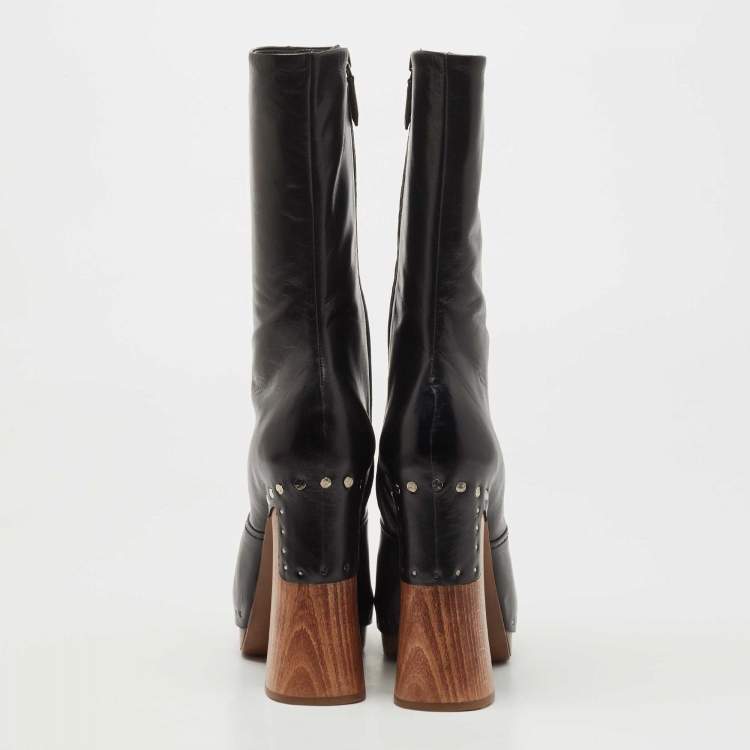 Pre Owned Prada Black Leather Calf Length Boots Size 38