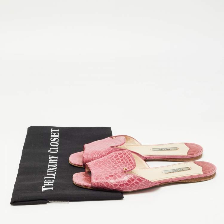 Pre Owned Prada Pink Croc Embossed Leather Flat Slides Size 37.5