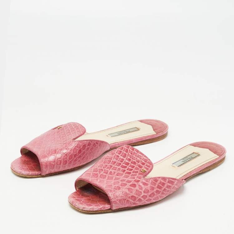 Pre Owned Prada Pink Croc Embossed Leather Flat Slides Size 37.5