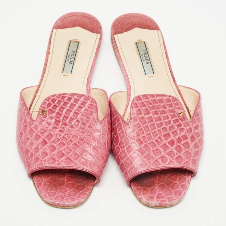 Pre Owned Prada Pink Croc Embossed Leather Flat Slides Size 37.5