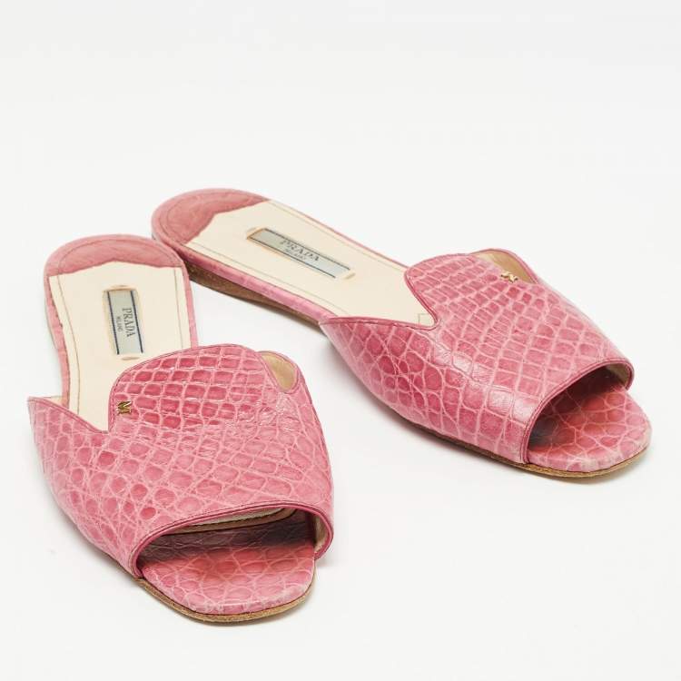 Pre Owned Prada Pink Croc Embossed Leather Flat Slides Size 37.5