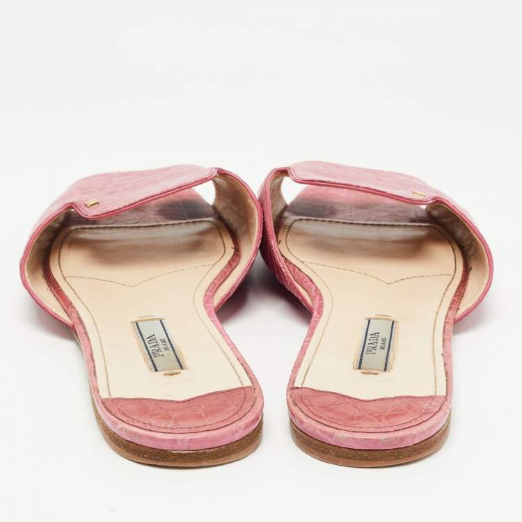 Pre Owned Prada Pink Croc Embossed Leather Flat Slides Size 37.5