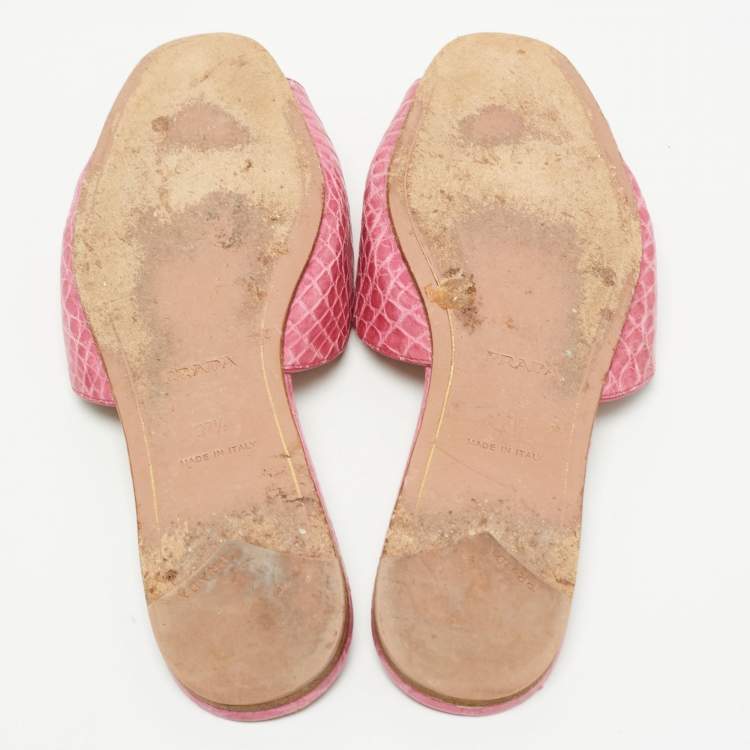 Pre Owned Prada Pink Croc Embossed Leather Flat Slides Size 37.5