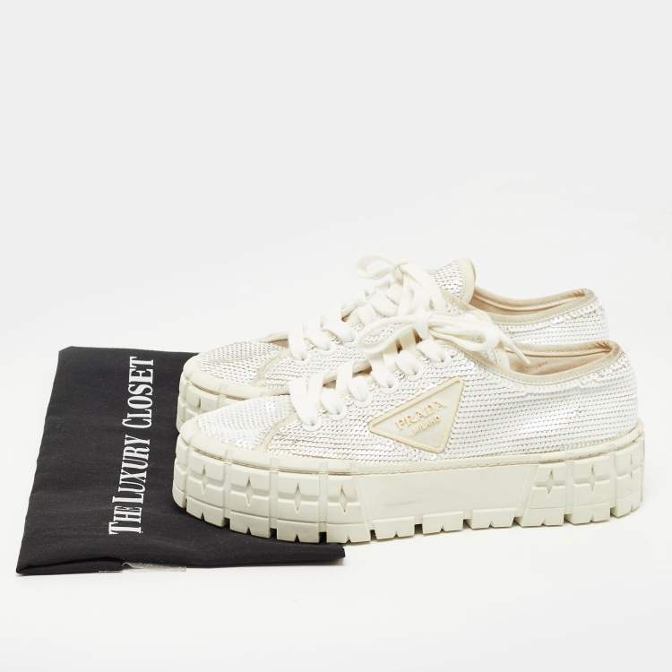 Pre Owned Prada White Sequins Double Wheel Platform Sneakers Size 38