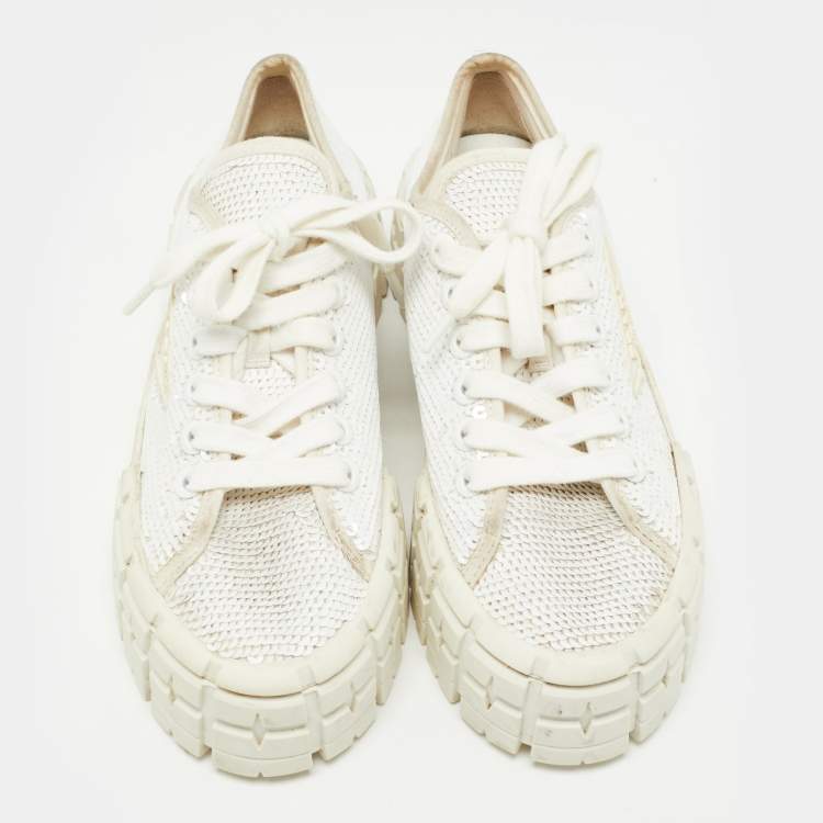 Pre Owned Prada White Sequins Double Wheel Platform Sneakers Size 38