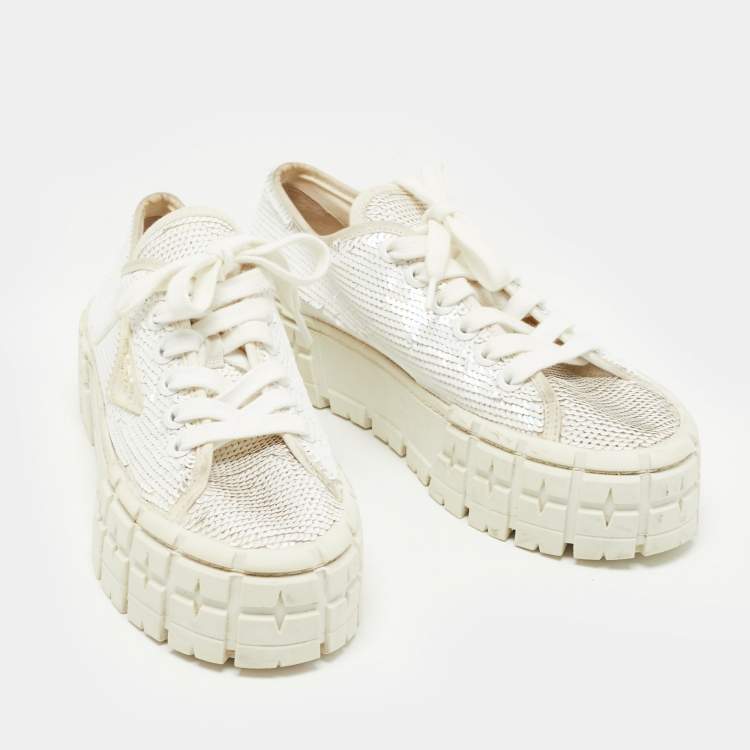 Pre Owned Prada White Sequins Double Wheel Platform Sneakers Size 38