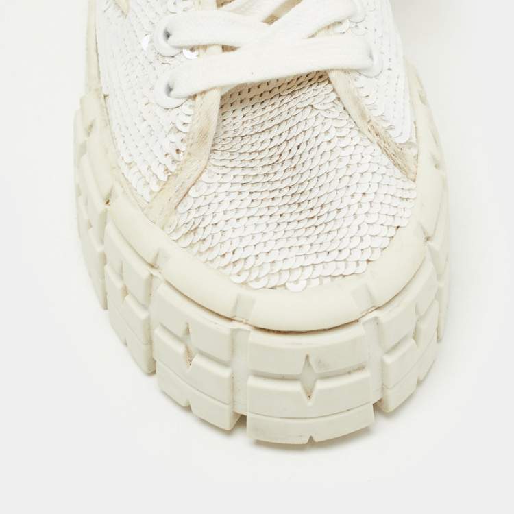 Pre Owned Prada White Sequins Double Wheel Platform Sneakers Size 38