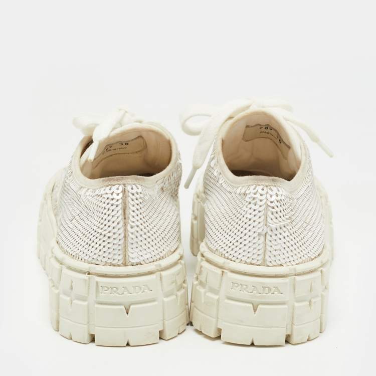 Pre Owned Prada White Sequins Double Wheel Platform Sneakers Size 38
