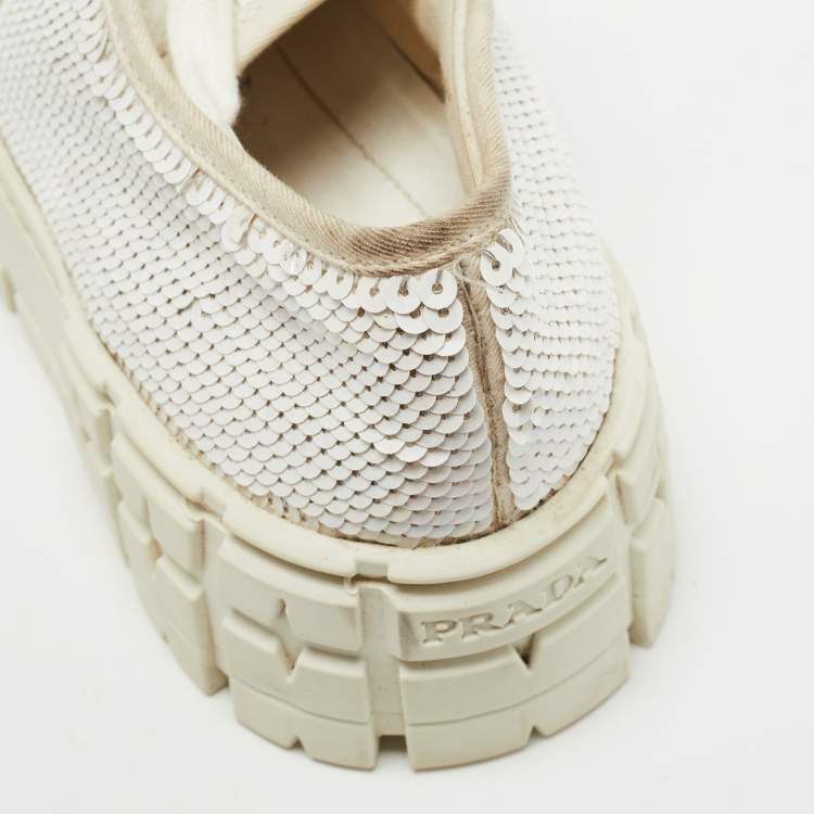 Pre Owned Prada White Sequins Double Wheel Platform Sneakers Size 38