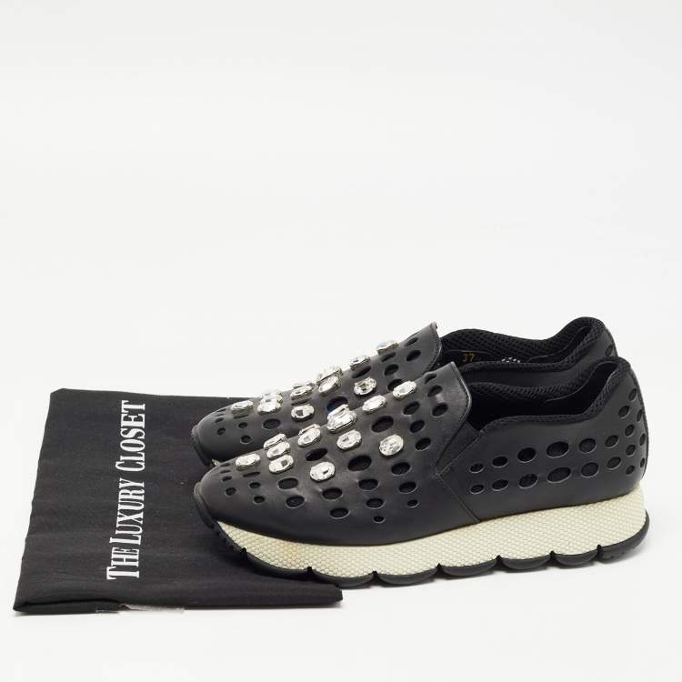Pre Owned Prada Black Laser Cut Leather Crystal Embellished Slip On Sneakers Size 37.5