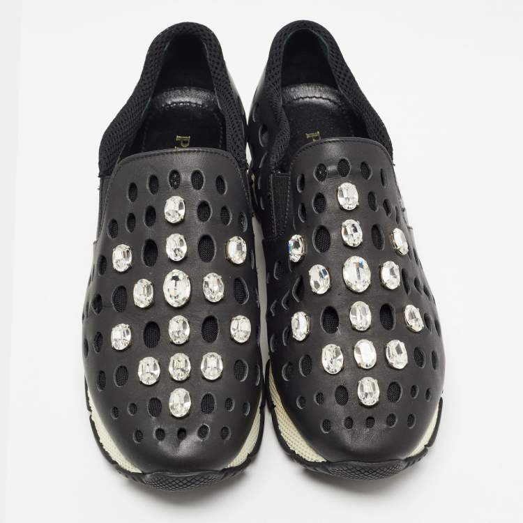 Pre Owned Prada Black Laser Cut Leather Crystal Embellished Slip On Sneakers Size 37.5