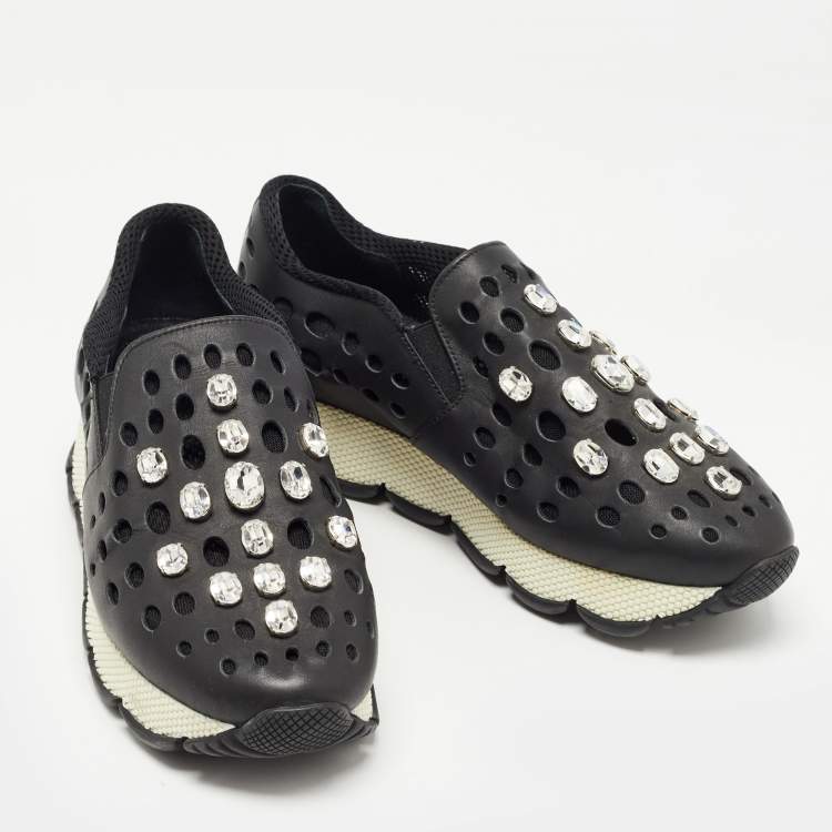 Pre Owned Prada Black Laser Cut Leather Crystal Embellished Slip On Sneakers Size 37.5