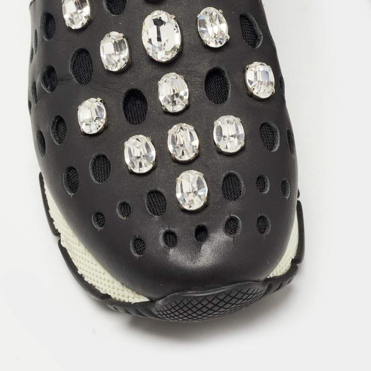 Pre Owned Prada Black Laser Cut Leather Crystal Embellished Slip On Sneakers Size 37.5