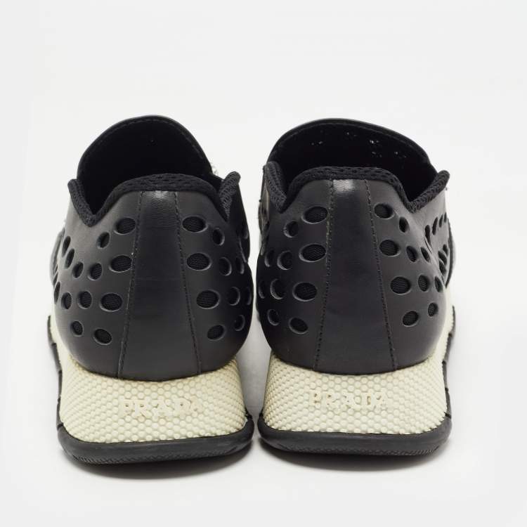 Pre Owned Prada Black Laser Cut Leather Crystal Embellished Slip On Sneakers Size 37.5