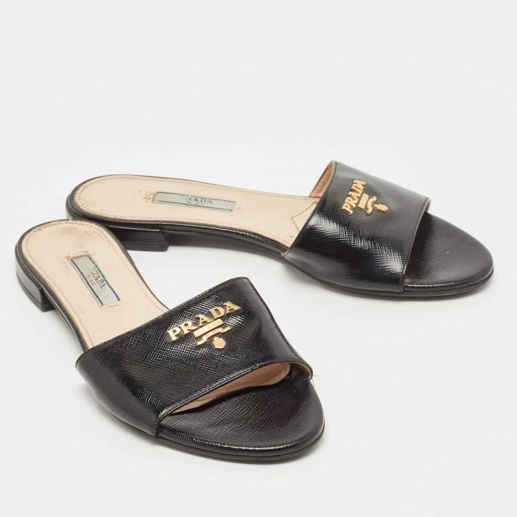 Pre Owned Prada Black Patent Leather Slide Flats Size 36  