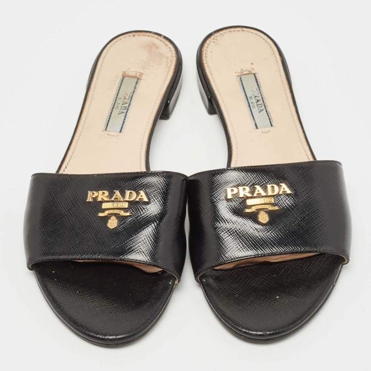 Pre Owned Prada Black Patent Leather Slide Flats Size 36  