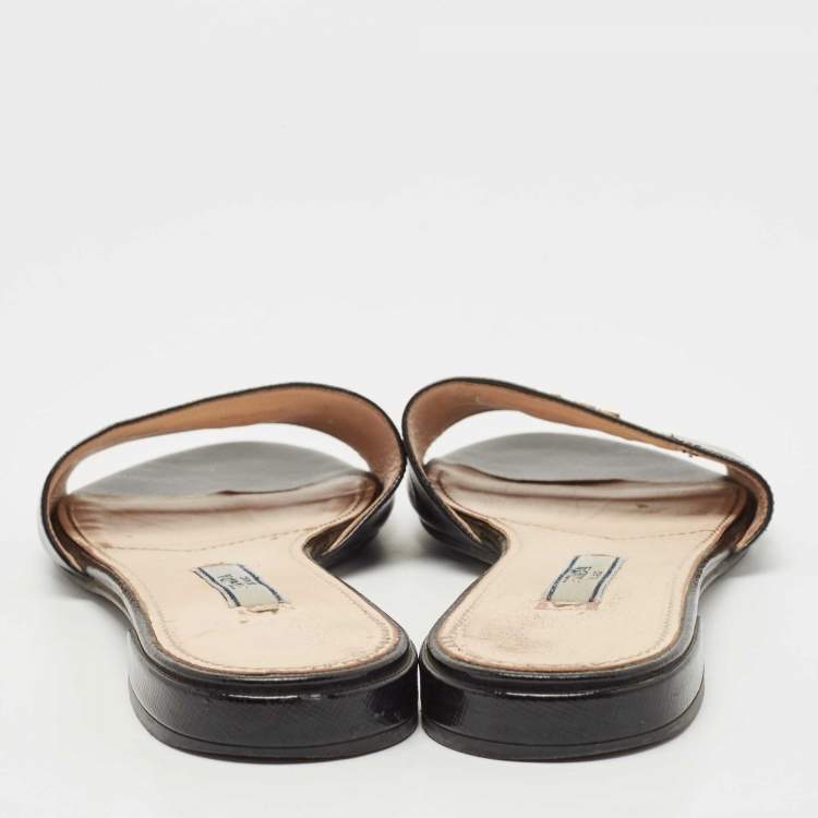 Pre Owned Prada Black Patent Leather Slide Flats Size 36  
