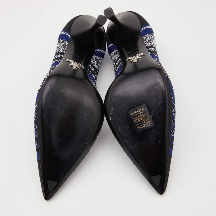 Pre Owned Prada Blue/Black Printed Knit Fabric Pointed Toe Pumps Size 37.5