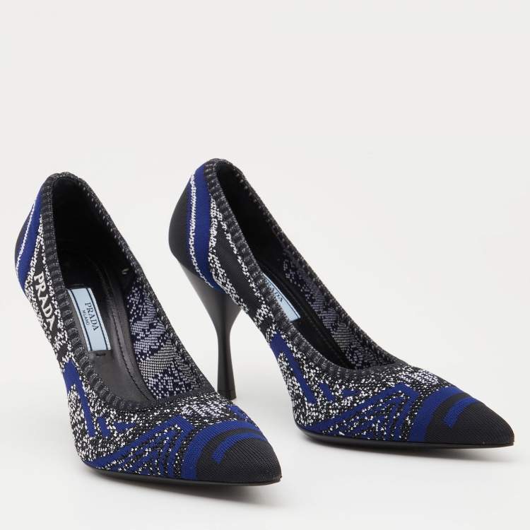 Pre Owned Prada Blue/Black Printed Knit Fabric Pointed Toe Pumps Size 37.5