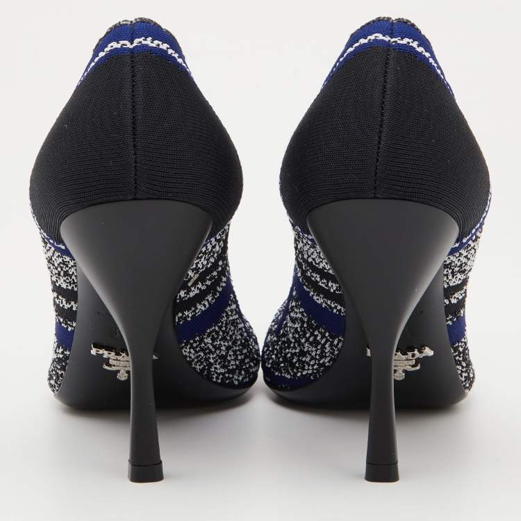Pre Owned Prada Blue/Black Printed Knit Fabric Pointed Toe Pumps Size 37.5