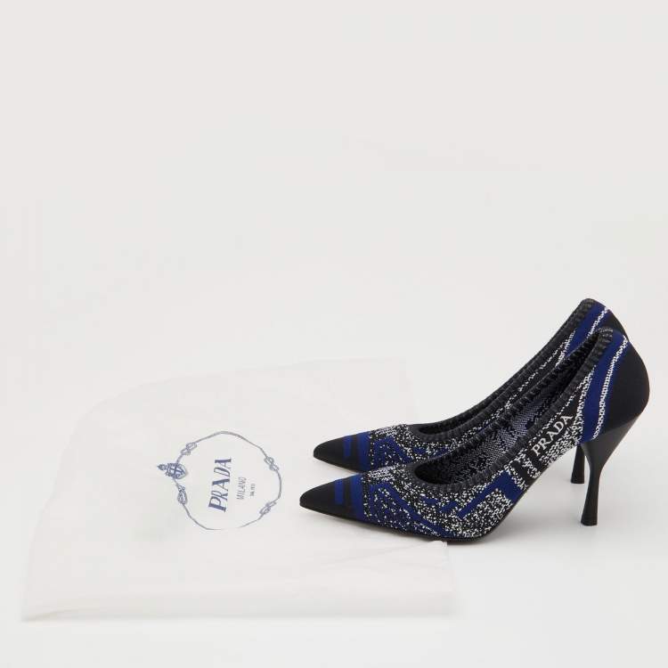 Pre Owned Prada Blue/Black Printed Knit Fabric Pointed Toe Pumps Size 37.5