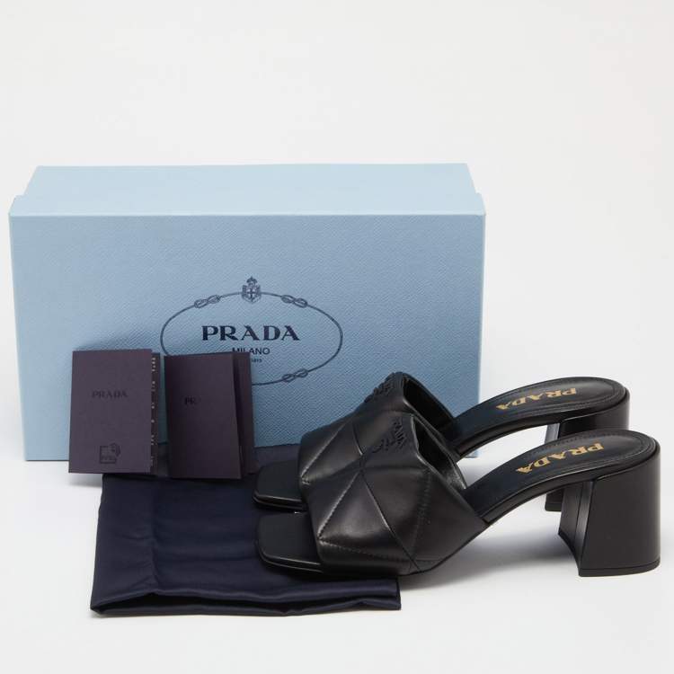 Pre Owned Prada Black Quilted Leather Logo Slide Sandals Size 38