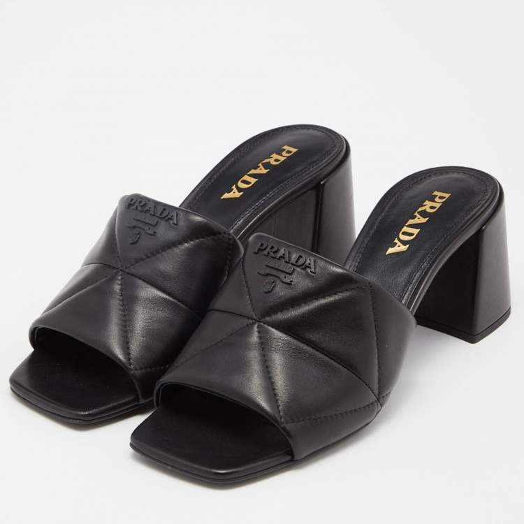 Pre Owned Prada Black Quilted Leather Logo Slide Sandals Size 38