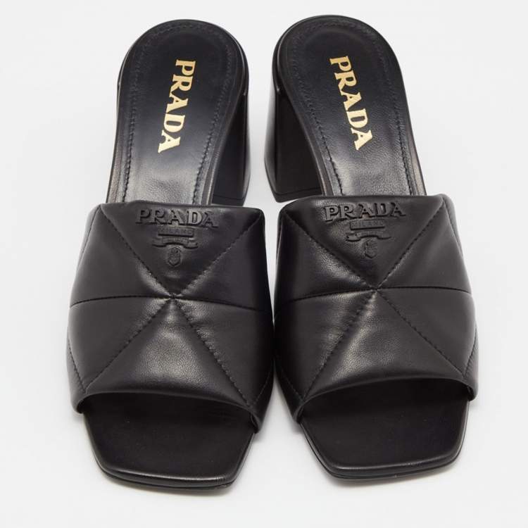 Pre Owned Prada Black Quilted Leather Logo Slide Sandals Size 38