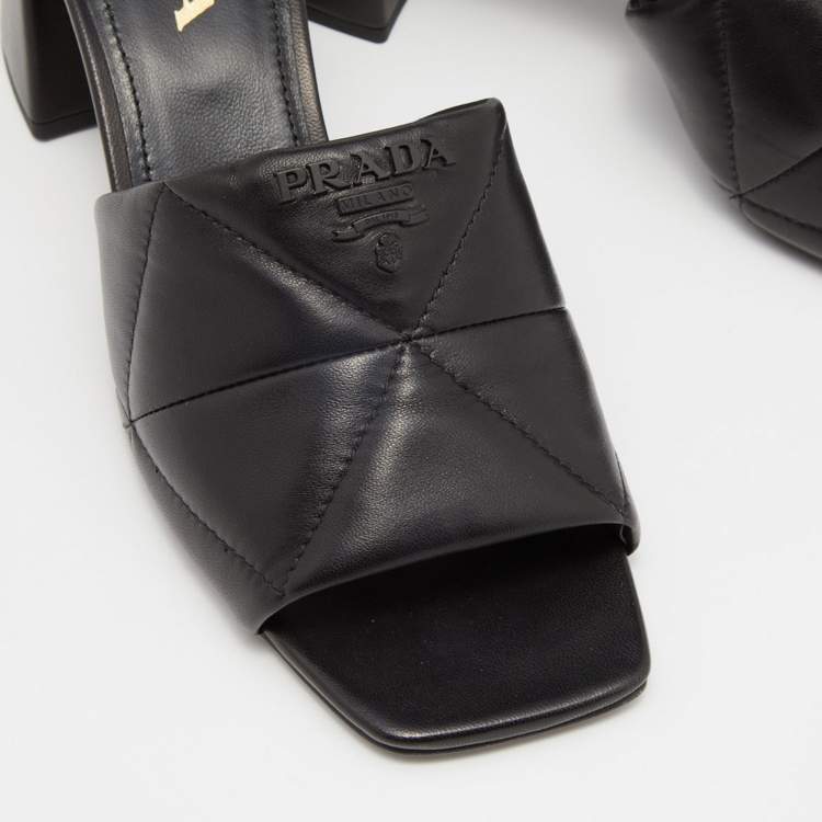 Pre Owned Prada Black Quilted Leather Logo Slide Sandals Size 38