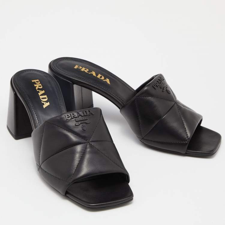 Pre Owned Prada Black Quilted Leather Logo Slide Sandals Size 38