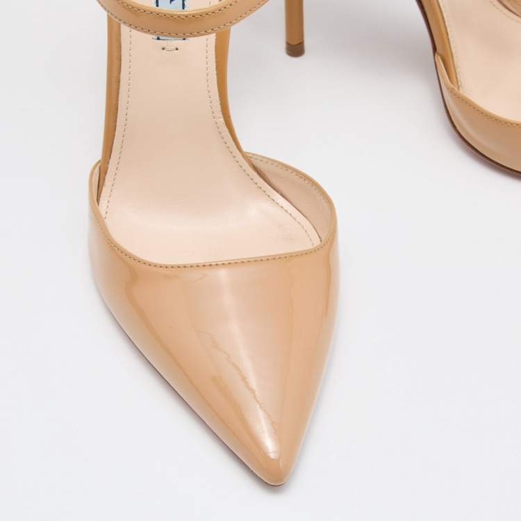 Pre Owned Prada Beige Patent Leather Pointed Toe Mules Size 37.5