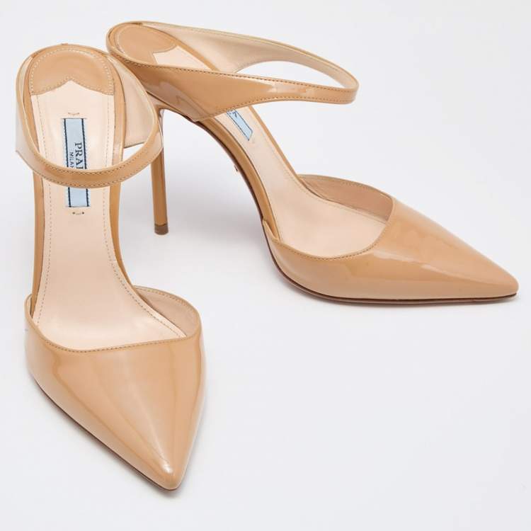 Pre Owned Prada Beige Patent Leather Pointed Toe Mules Size 37.5