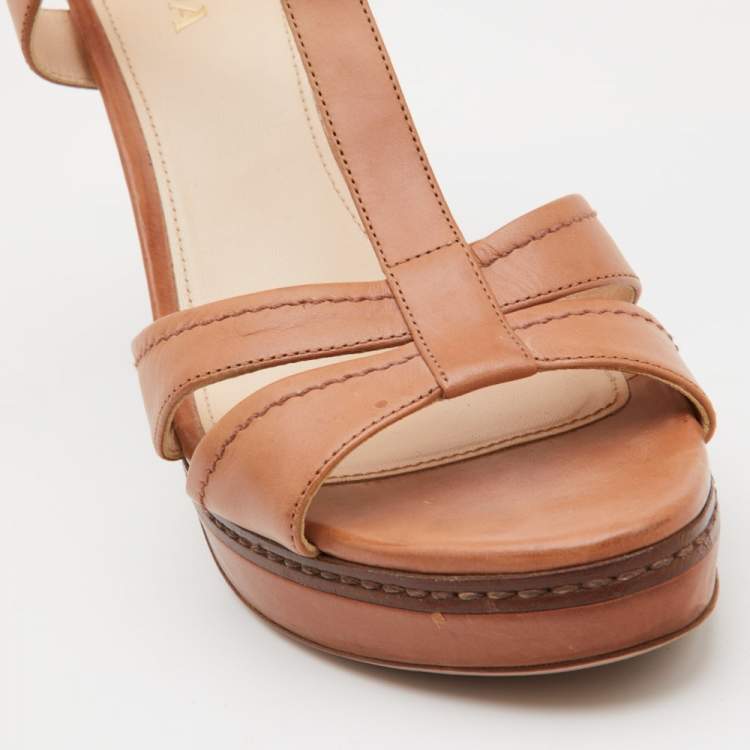 Pre Owned Prada Brown Leather T Strap Ankle Strap Sandals Size 40