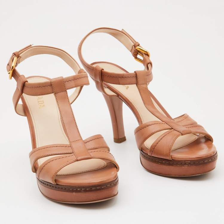 Pre Owned Prada Brown Leather T Strap Ankle Strap Sandals Size 40