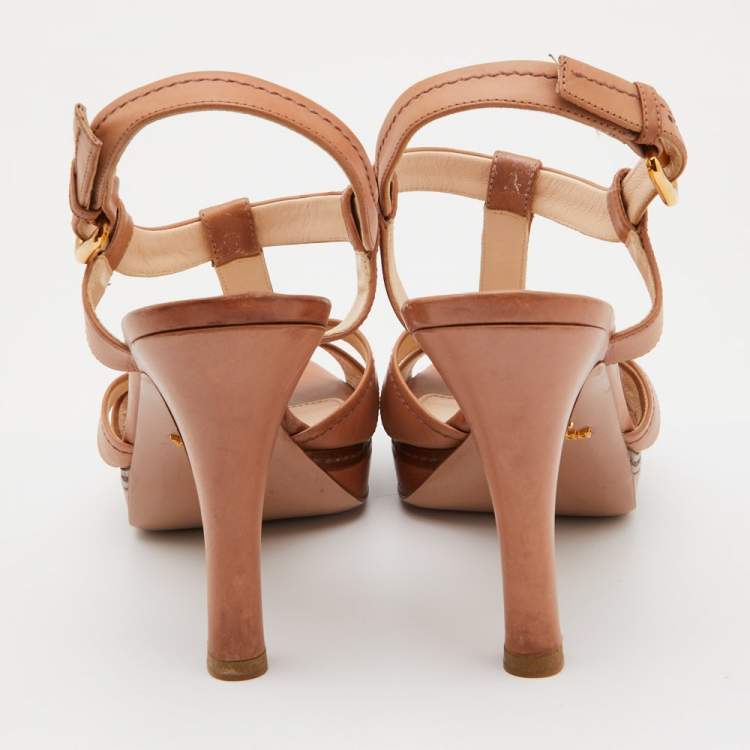 Pre Owned Prada Brown Leather T Strap Ankle Strap Sandals Size 40