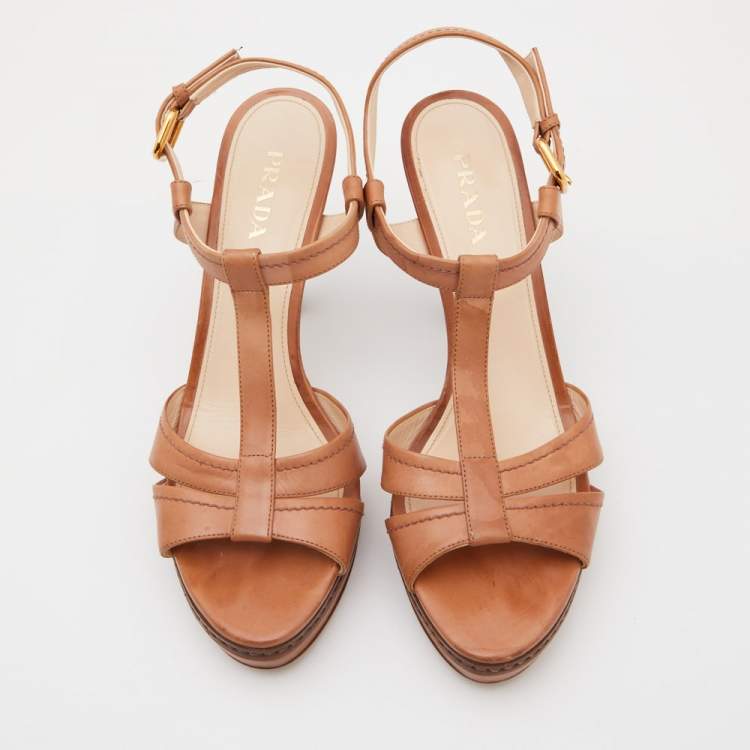 Pre Owned Prada Brown Leather T Strap Ankle Strap Sandals Size 40