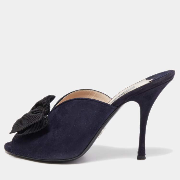 Pre Owned Prada Navy Blue Suede Bow Mules Size 39.5  