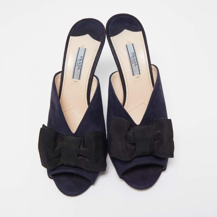 Pre Owned Prada Navy Blue Suede Bow Mules Size 39.5  