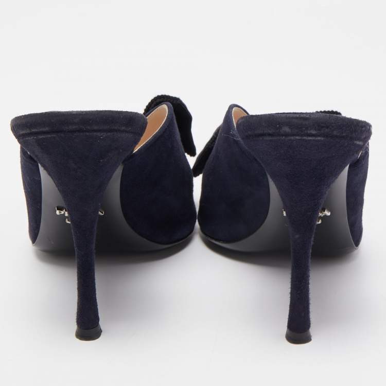 Pre Owned Prada Navy Blue Suede Bow Mules Size 39.5  