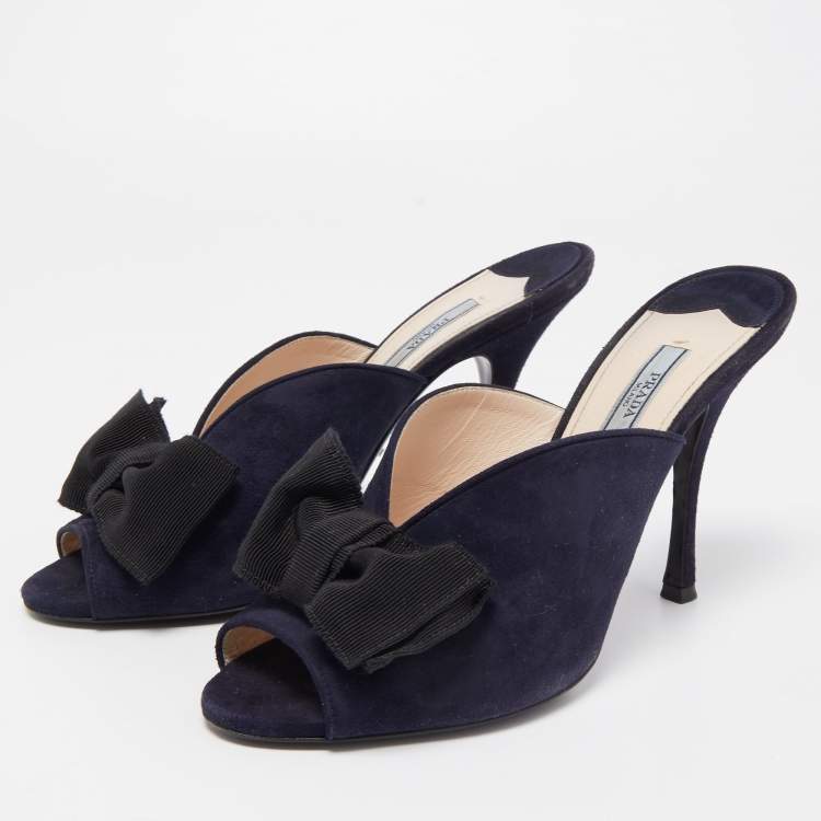 Pre Owned Prada Navy Blue Suede Bow Mules Size 39.5  