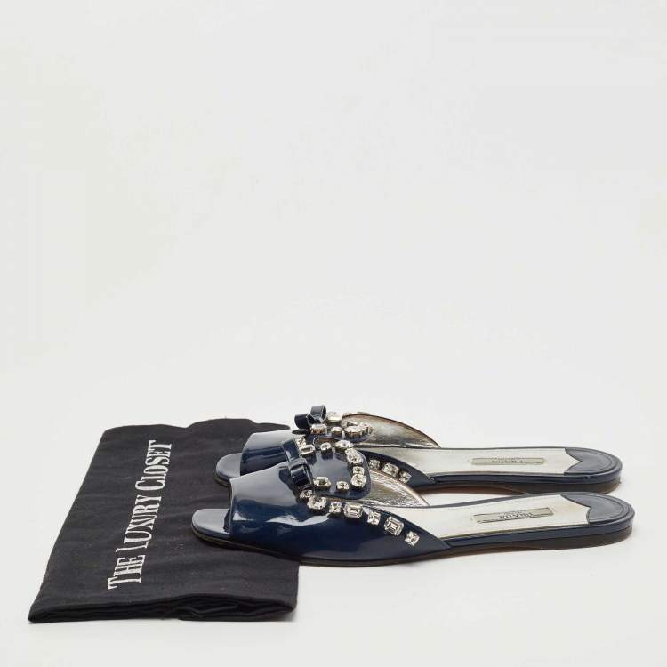 Pre Owned Prada Navy Blue Leather Crystal Embellished Bow Flat Slides Size 39.5