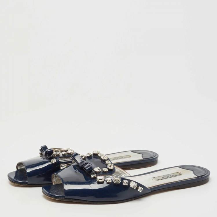 Pre Owned Prada Navy Blue Leather Crystal Embellished Bow Flat Slides Size 39.5